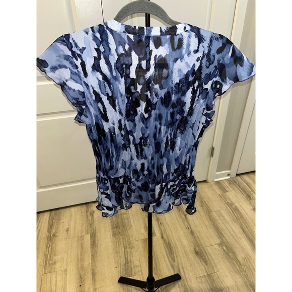 Allison Taylor Y2K Blue Black Abstract V-Neck Short Sleeve RetroBlouse Women's M - Picture 9 of 11